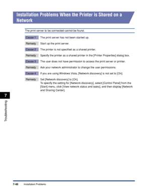 Page 4417-46
Troubleshooting
7
Installation Problems
Installation Problems When the Printer is Shared on a 
Network
The print server to be connected cannot be found.
Cause 1 The print server has not been started up.
Remedy Start up the print server.
Cause 2 The printer is not speciﬁed as a shared printer.
Remedy Specify the printer as a shared printer in the [Printer Properties] dialog box.
Cause 3 The user does not have permission to access the print server or printer.
Remedy Ask your network administrator to...