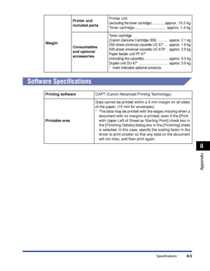 Page 4548-5
Appendix
8
Specifications
Software Speciﬁcations
WeightPrinter and 
included partsPrinter unit 
(excluding the toner car tridge)  ........... approx. 19.3 kg
Toner cartridge..............................  approx. 1.9 kg
Consumables
and optional 
accessories
Toner cartridge
(Canon Genuine Cartridge 309)  ..........  approx. 2.1 kg
250-sheet universal cassette UC-67* .... approx. 1.8 kg
500-sheet universal cassette UC-67K* .. approx. 2.9 kg
Paper feeder unit PF-67*
(Including the cassette)...