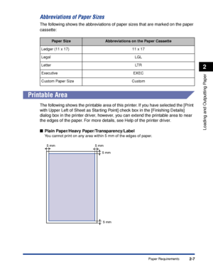 Page 502-7
Loading and Outputting Paper
2
Paper Requirements
Abbreviations of Paper Sizes
The following shows the abbreviations of paper sizes that are marked on the paper 
cassette:
 
Printable Area
The following shows the printable area of this printer. If you have selected the [Print 
with Upper Left of Sheet as Starting Point] check box in the [Finishing Details] 
dialog box in the printer driver, however, you can extend the printable area to near 
the edges of the paper. For more details, see Help of the...