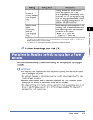 Page 582-15
Loading and Outputting Paper
2
Paper Source
*1This option can be speciﬁed only when the optional duplex unit is installed, and [Print Style] is set to 
[Booklet Printing] in the [Finishing] sheet.
*
2This option can be speciﬁed only when the optional paper feeder is installed.
3Conﬁrm the settings, then click [OK].
Precautions for Handling the Multi-purpose Tray or Paper 
Cassette
Be careful of the following points when handling the multi-purpose tray or paper 
cassette.
IMPORTANT
•Do not pull out...