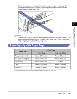 Page 642-21
Loading and Outputting Paper
2
Output Tray •
The surroundings of the sub-output tray are hot during printing or immediately after 
printing. When taking out of the paper or removing jammed paper, do not touch the 
surroundings of the sub-output tray.
NOTE
The sub-output tray can hold up to approximately 50 sheets of plain paper (64 g/m2). The 
paper capacity varies depending on the paper size or paper type. For more details, see 
Paper Capacity of the Output Trays, on p. 2-21.
Paper Capacity of the...