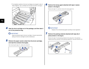 Page 2322
Step3
•The installation positions of the drum cartridges are arranged in order of 
Yellow, Magenta, Cyan, and Black from the back as shown in the ﬁgure.
4T ake the drum cartridge out of the package, and then take it 
out of the protective bag.
IMPORTANT
Keep the protective bag for the drum cartridge. It may be required after 
taking out the drum cartridge for printer maintenance.
5Remove the paper caution sheet from the drum cartridge, 
and read the contents thoroughly.
After removing the tape a,...