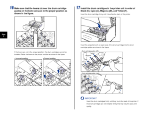 Page 2726
Step3
16Make sure that the levers (A) near the drum cartridge 
guides on the both sides are in the proper position as 
shown in the ﬁgure.
If the levers are not in the proper position, the drum cartridges cannot be 
installed. Raise the levers to the proper position as shown in the ﬁgure.
17Install the drum cartridges in the printer unit in order of 
Black (K), Cyan (C), Magenta (M), and Yellow (Y).
Insert the drum cartridge ﬁrmly until it touches the back of the printer.
Insert the projections (A) on...