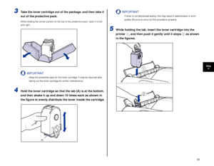Page 3231
Step4
3Take the toner cartridge out of the package, and then take it 
out of the protective pack.
While holding the center portion on the top of the protective pack, open it to left 
and right.
IMPORTANT
K eep the protective pack for the toner cartridge. It may be required after 
taking out the toner cartridge for printer maintenance.
4Hold the toner cartridge so that the tab (A) is at the bottom, 
and then shake it up and down 10 times each as shown in 
the ﬁgure to evenly distribute the toner inside...