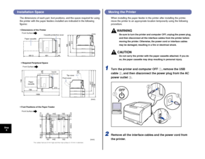 Page 5150
Step8
Installation Space
The dimensions of each part, foot positions, and the space required for using 
the printer with the paper feeders installed are indicated in the following 
ﬁgures:
Moving the Printer
When installing the paper feeder in the printer after installing the printer, 
move the printer to an appropriate location temporarily using the following 
procedure.
W ARNING
Be sure to turn the printer and computer OFF, unplug the power plug, 
and then disconnect all the interface cables from...