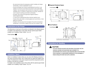 Page 7 
6 
-A n environment where the temperature and/or humidity can change 
dramatically, or where condensation occurs
-A  poorly ventilated room (Ozone is generated by the printer in use, 
however, the amount is too small to be harmful to the human body. 
However, if you are going to use the printer for a long time in a poorly 
v entilated room or to perform a large amount of printing, ventilate the 
room to keep the working environment comfortable.)
-A  location near products that generate magnetic waves...