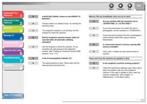 Page 1061
2
3
4
5678
TOP
Back Previous Next
7-7
T
a b le of Contents
Inde x
Ad
vanced F ax 
Feat ures
Ad vanced Cop y 
Feat ures
Netw ork
Remot e UI
System Monitor
Repor ts and Lists
T roub leshooting
Appendix
Q Is B USY/N O S IGNAL sho wn  on the  ERROR TX 
REPOR T?A The f ax n um ber  you dia led is b usy . T ry sen din g t he 
do cumen t la ter.A The r ecipien t’s  ma chine  is no t work ing.  Ask th e 
recipient t o ch eck th e ma chine.Q Did t he  re cipie nt’s  ma ch ine  answer w it h in 3 5 
s eco nds...