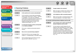 Page 1081
2
3
4
5678
TOP
Back Previous Next
7-9
T
a b le of Contents
Inde x
Ad
vanced F ax 
Feat ures
Ad vanced Cop y 
Feat ures
Netw ork
Remot e UI
System Monitor
Repor ts and Lists
T roub leshooting
Appendix
■ Recei ving Pr oblemsCan not re ce ive a fa x automat ical ly .
Q Is th e ma ch in e se t to  re ceive  au to ma tica lly ?A For th e ma chine to re ceive f axe s  automatically , 
r e ce ive m ode  must be  set to  , , 
o r . I f y ou ha ve  se t ,  
con fir m t hat  an an sw er ing mach ine is conne...
