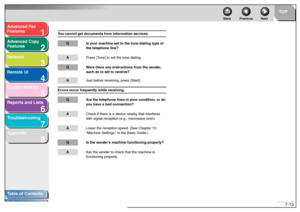 Page 1121
2
3
4
5678
TOP
Back Previous Next
7-13
T
a b le of Contents
Inde x
Ad
vanced F ax 
Feat ures
Ad vanced Cop y 
Feat ures
Netw ork
Remot e UI
System Monitor
Repor ts and Lists
T roub leshooting
Appendix
Y ou ca nnot get doc ument s fr om in fo rmat io n ser vices.
Q Is y our mac hine  set  t o  th e ton e dialin g typ e of 
t h e t eleph one lin e?A Press  [T o ne]  to se t the t one dialin g.Q Wer e the re an y inst ruc tions  f r o m  t h e se nder, 
s u ch  as  t o  se t to  re ce ive?A Ju st bef ore...