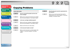 Page 1131
2
3
4
5678
TOP
Back Previous Next
7-14
T
a b le of Contents
Inde x
Ad
vanced F ax 
Feat ures
Ad vanced Cop y 
Feat ures
Netw ork
Remot e UI
System Monitor
Repor ts and Lists
T roub leshooting
Appendix
Copying Pr oblemsCannot ma ke copie s.
Q Have  y ou re moved th e plastic sea l from th e 
t one r car tr idg e?A Make  s u re  y ou re move  t h e  se al fr om the ca rtr id ge. 
( S ee  “Set  Up the M achine ,”  in  the  Starte r G uide .)Q Is t he to ner c artr idg e inst alled pr operly?A Make  sur e...