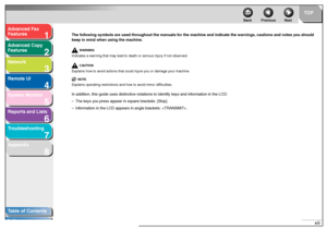 Page 141
2
3
4
5678
TOP
Back Previous Next
xiii
T
a b le of Contents
Inde x
Ad
vanced F ax 
Feat ures
Ad vanced Cop y 
Feat ures
Netw ork
Remot e UI
System Monitor
Repor ts and Lists
T roub leshooting
Appendix
Th e follo wing s ymbols ar e used throughout  t he  man uals f or the  machine an d indic a te  the  war nings, cau tions a nd not es y ou sh ould 
k eep  in mind whe n using th e machine .
WA RNIN G
In dicates a w arn ing  tha t ma y lead to  d eath or se riou s in jur y if  not obser ve d .
CA UTIO N...