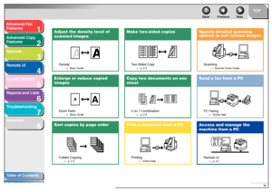 Page 51
2
3
4
5678
TOP
Back Previous Next
Ta b le of Contents
Inde x
Ad
vanced F ax 
Feat ures
Ad vanced Cop y 
Feat ures
Netw ork
Remot e UI
System Monitor
Repor ts and Lists
T roub leshooting
Appendix
iv
Adjust the density level of 
scanned images
Densit y
→Basi c Gui de
Enlar ge or r educe copied 
images
Zoo m Ra tio
→ Basi c Gui de
Sor t copies by page or der 
Collate Copying
→ p.2-2
A
A
DDDD
DDDD
DDDD
DDDD4
CCCC
CCCC
CCCC
CCCC3
BBBB
BBBB
BBBB
BBBB2
AAAA
AAAA
AAAA
AAAA1
AAAA
AAAA
AAAA
AAAA1
AAAA
AAAA
AAAA...