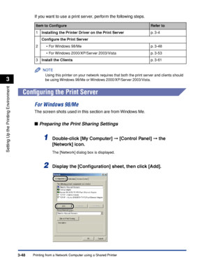 Page 145Printing from a Network Computer using a Shared Printer3-48
Setting Up the Printing Environment
3
If you want to use a print server, perform the following steps.
NOTE
Using this printer on your network requires that both the print server and clients should 
be using Windows 98/Me or Windows 2000/XP/Server 2003/Vista.
Conﬁguring the Print Server
For Windows 98/Me
The screen shots used in this section are from Windows Me.
■Preparing the Print Sharing Settings
1Double-click [My Computer] ➞ [Control Panel] ➞...