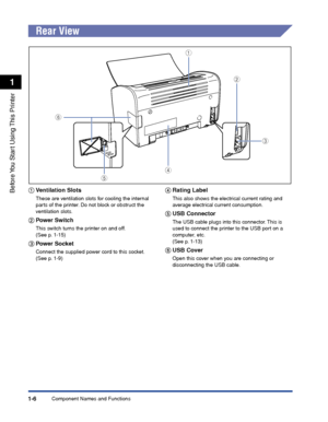 Page 29Component Names and Functions1-6
Before You Start Using This Printer
1
Rear View
aa a a
Ventilation Slots
These are ventilation slots for cooling the internal 
parts of the printer. Do not block or obstruct the 
ventilation slots.
bb b b
Power Switch
This switch turns the printer on and off.  
(See p. 1-15)
cc c c
Power Socket
Connect the supplied power cord to this socket.  
(See p. 1-9)
dd d d
Rating Label
This also shows the electrical current rating and 
average electrical current consumption.
ee e...