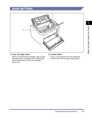 Page 301-7
Before You Start Using This Printer
1
Component Names and Functions
Inside the Printer
aa a a
Toner Cartridge Guide
When you install the toner cartridge, make sure that 
the protrusions on the edges of the cartridge align 
with this guide while you push the cartridge in.  
(See p. 5-6)
bb b b
Transfer Roller
This is a very important part of the printer that 
transfers toner onto the paper during printing.
a
b
 