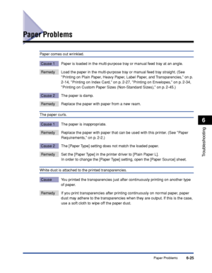 Page 296Paper Problems6-25
Troubleshooting
6
Paper Problems
Paper comes out wrinkled.
Cause 1 Paper is loaded in the multi-purpose tray or manual feed tray at an angle.
Remedy Load the paper in the multi-purpose tray or manual feed tray straight. (See 
Printing on Plain Paper, Heavy Paper, Label Paper, and Transparencies, on p. 
2-14, Printing on Index Card, on p. 2-27, Printing on Envelopes, on p. 2-34, 
Printing on Custom Paper Sizes (Non-Standard Sizes), on p. 2-45.)
Cause 2 The paper is damp.
Remedy Replace...