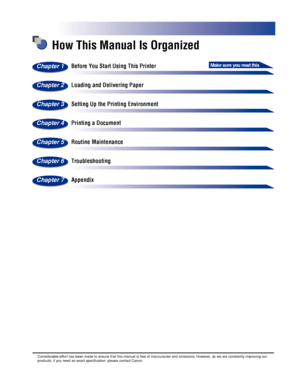 Page 4 
How This Manual Is Organized 
Before You Start Using This Printer 
Loading and Delivering Paper 
Setting Up the Printing Environment 
Printing a Document 
Routine Maintenance 
Troubleshooting 
Appendix
Chapter 1Make sure you read this
Chapter 2
Chapter 3
Chapter 4
Chapter 5
Chapter 6
Chapter 7
 
Considerable effort has been made to ensure that this manual is free of inaccuracies and omissions. However, as we are constantly improving our 
products, if you need an exact speciﬁcation, please contact Canon.
 