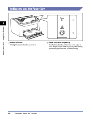 Page 31Component Names and Functions1-8
Before You Start Using This Printer
1
Indicators and the Paper Key
aa a a
Power Indicator
This light turns on when the power is on.
bb b b
Paper Indicator / Paper Key
This ﬂashes when the printer runs out of paper or 
when the paper does not feed properly. After reﬁlling 
a paper tray, press this key to restart printing.
a
b
 