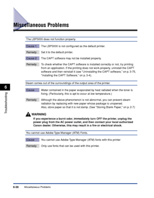 Page 307Miscellaneous Problems6-36
Troubleshooting
6
Miscellaneous Problems
 The LBP3000 does not function properly.
Cause 1 The LBP3000 is not conﬁgured as the default printer.
Remedy Set it to the default printer.
Cause 2 The CAPT software may not be installed properly.
Remedy To check whether the CAPT software is installed correctly or not, try printing 
from an application. If the printing does not work properly, uninstall the CAPT 
software and then reinstall it (see Uninstalling the CAPT software, on p....