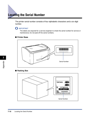 Page 327Locating the Serial Number7-18
Appendix
7
Locating the Serial Number
The printer serial number consists of four-alphabetic characters and a six-digit 
number.
IMPORTANT
The labels are required for a service engineer to check the serial number for service or 
maintenance. Do not peel off the serial numbers.
■Printer Base
■Packing Box
Serial Number
Serial Number
 