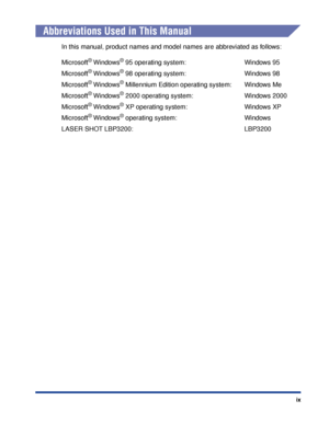 Page 12 
ix 
Abbreviations Used in This Manual 
In this manual, product names and model names are abbreviated as follows:
Microsoft 
® 
 Windows 
® 
 95 operating system: Windows 95
Microsoft 
® 
 Windows 
® 
 98 operating system: Windows 98
Microsoft 
® 
 Windows 
® 
 Millennium Edition operating system: Windows Me
Microsoft 
® 
 Windows 
® 
 2000 operating system: Windows 2000
Microsoft 
® 
 Windows
® XP operating system: Windows XP
Microsoft
® Windows® operating system: Windows
LASER SHOT LBP3200: LBP3200
 