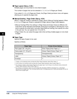 Page 159Using the Printing Functions4-26
Printing a Document
4
■Page Layout (See p. 4-32.)
Multiple pages can be printed on one sheet of paper.
The number of pages that can be selected is 1, 2, 4, 8, or 9 (Pages per Sheet).
If you select 2, 4, 8, or 9 (Pages per Sheet), the [Page Order] pull-down menu will appear, 
allowing you to specify the page order.
■Manual Scaling / Page Order (See p. 4-34.)
When [1 Page per Sheet] is selected for [Page Layout], [Manual Scaling] appears. When 
2, 4, 8, or 9 (Pages per...