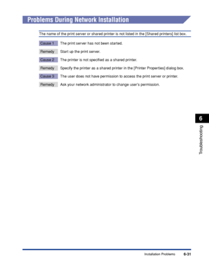 Page 238Installation Problems6-31
Troubleshooting
6
Problems During Network Installation
The name of the print server or shared printer is not listed in the [Shared printers] list box.
Cause 1 The print server has not been started.
Remedy Start up the print server.
Cause 2 The printer is not speciﬁed as a shared printer.
Remedy Specify the printer as a shared printer in the [Printer Properties] dialog box.
Cause 3 The user does not have permission to access the print server or printer.
Remedy Ask your network...