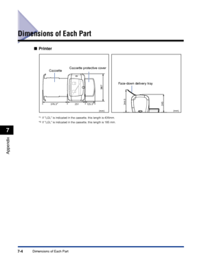 Page 245Dimensions of Each Part7-4
Appendix
7
Dimensions of Each Part
■Printer
*1If LGL is indicated in the cassette, this length is 436mm.
*2If LGL is indicated in the cassette, this length is 185 mm.
344.5245125.3*2251 376.3*1
367
(mm)(mm)
CassetteCassette protective cover
Face-down delivery tray
 