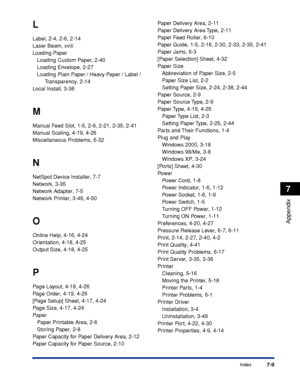 Page 250Index7-9
Appendix
7
L
Label, 2-4, 2-6, 2-14
Laser Beam, xviii
Loading Paper
Loading Custom Paper, 2-40
Loading Envelope, 2-27
Loading Plain Paper / Heavy Paper / Label / 
Transparency, 2-14
Local Install, 3-36
M
Manual Feed Slot, 1-5, 2-9, 2-21, 2-35, 2-41
Manual Scaling, 4-19, 4-26
Miscellaneous Problems, 6-32
N
NetSpot Device Installer, 7-7
Network, 3-35
Network Adapter, 7-5
Network Printer, 3-46, 4-50
O
Online Help, 4-16, 4-24
Orientation, 4-18, 4-25
Output Size, 4-18, 4-25
P
Page Layout, 4-18, 4-26...