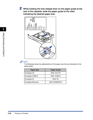 Page 67Printing on Envelope2-30
Loading and Delivering Paper
2
2While holding the lock release lever on the paper guide at the 
rear of the cassette, slide the paper guide to the mark 
indicating the desired paper size.
NOTE
The following shows the abbreviations of the paper size that are indicated on the 
paper guide.
Paper SizePaper Guide
Envelope C5 ENV.  ISO-C5
Envelope COM10 ENV.  COM10
Envelope DL ENV.  DL
Envelope Monarch ENV.  MONARCH
ENV. ISO-
C5
ENV. DLLT RA4
B5
A5 EXEC
ENV. COM10
ENV. MONARCH
 