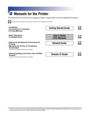 Page 3 
Manuals for the Printer 
The manuals for this printer are arranged as follows. Please refer to them for detailed information.
CD-ROM
 
Guides with this symbol are PDF manuals included on the accompanying CD-ROM. 
• 
Installation 
• 
Connecting to a Computer 
• 
Printing Methods 
Getting Started Guide
CD-ROM
 
• 
Basic Operations 
• 
Troubleshooting 
Users Guide
(This Manual)
CD-ROM
 
• 
Setting Up the Network Environment for 
Printing 
• 
Managing the Printer in the Network 
Environment 
Only when the...