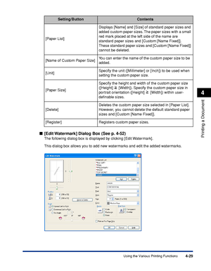 Page 2144-29
Printing a Document
4
Using the Various Printing Functions
[Edit Watermark] Dialog Box (See p. 4-52)
The following dialog box is displayed by clicking [Edit Watermark].
This dialog box allows you to add new watermarks and edit the added watermarks.
Setting/ButtonContents
[Paper List]Displays [Name] and [Size] of standard paper sizes and 
added custom paper sizes. The paper sizes with a small 
red mark placed at the left side of the name are 
standard paper sizes and [Custom [Name Fixed]]. 
These...