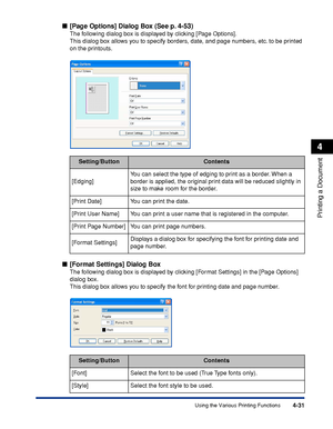 Page 2164-31
Printing a Document
4
Using the Various Printing Functions
[Page Options] Dialog Box (See p. 4-53)
The following dialog box is displayed by clicking [Page Options].
This dialog box allows you to specify borders, date, and page numbers, etc. to be printed 
on the printouts.
[Format Settings] Dialog Box
The following dialog box is displayed by clicking [Format Settings] in the [Page Options] 
dialog box.
This dialog box allows you to specify the font for printing date and page number....