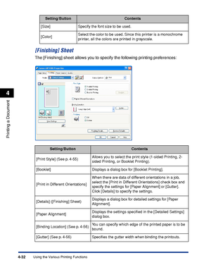 Page 2174-32
Printing a Document
Using the Various Printing Functions
4
[Finishing] Sheet
The [Finishing] sheet allows you to specify the following printing preferences:
[Size] Specify the font size to be used.
[Color]Select the color to be used. Since this printer is a monochrome 
printer, all the colors are printed in grayscale.
Setting/ButtonContents
[Print Style] (See p. 4-55)Allows you to select the print style (1-sided Printing, 2-
sided Printing, or Booklet Printing).
[Booklet] Displays a dialog box for...