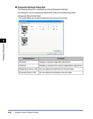 Page 2254-40
Printing a Document
Using the Various Printing Functions
4
[Grayscale Settings] Dialog Box
The following dialog box is displayed by clicking [Grayscale Settings].
This dialog box has the [Grayscale Adjustment] sheet and the [Matching] sheet.
•[Grayscale Adjustment] Sheet
This sheet allows you to adjust brightness and contrast for printing.
Setting/ButtonContents
[Preview] Displays a sample image after adjustment.
[Original] Displays a sample of the original image before adjustment.
[Brightness]...