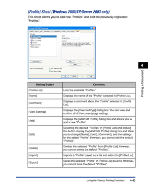 Page 2284-43
Printing a Document
4
Using the Various Printing Functions
[Proﬁle] Sheet (Windows 2000/XP/Server 2003 only)
This sheet allows you to add new Proﬁles and edit the previously registered 
Proﬁles.
Setting/ButtonContents
[Proﬁle List] Lists the available Proﬁles.
[Name] Displays the name of the Proﬁle selected in [Proﬁle List].
[Comment]Displays a comment about the Proﬁle selected in [Proﬁle 
List].
[View Settings]Displays the [View Settings] dialog box. You can view and 
conﬁrm all of the current page...