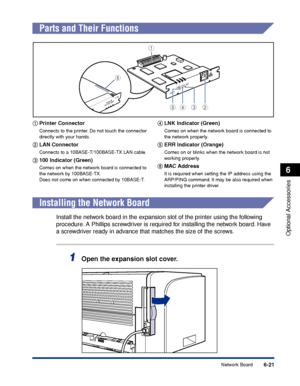 Page 3266-21
Optional Accessories
6
Network Board
 
Parts and Their Functions
aa a a
Printer Connector
Connects to the printer. Do not touch the connector 
directly with your hands.
bb b b
LAN Connector
Connects to a 10BASE-T/100BASE-TX LAN cable.
cc c c
100 Indicator (Green)
Comes on when the network board is connected to 
the network by 100BASE-TX.
Does not come on when connected by 10BASE-T.
dd d d
LNK Indicator (Green)
Comes on when the network board is connected to 
the network properly.
ee e e
ERR...