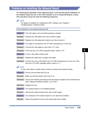 Page 3346-29
Optional Accessories
6
Network Board
Problems on Installing the Network Board
On checking the operation of the network board, if you ﬁnd that all the indicators on 
the network board are off, or the ERR indicator is on or keeps blinking for a long 
time and does not go off, take the following measures.
NOTE
For details on problems on installing the CAPT software, see Chapter 4  
Troubleshooting in Network Guide.
All the indicators on the network board are off.
Cause 1 The LAN cable is not connected...