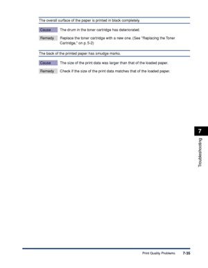 Page 3747-35
Troubleshooting
7
Print Quality Problems
The overall surface of the paper is printed in black completely.
Cause The drum in the toner cartridge has deteriorated.
Remedy Replace the toner cartridge with a new one. (See Replacing the Toner 
Cartridge, on p. 5-2)
The back of the printed paper has smudge marks.
Cause The size of the print data was larger than that of the loaded paper.
Remedy Check if the size of the print data matches that of the loaded paper.
 