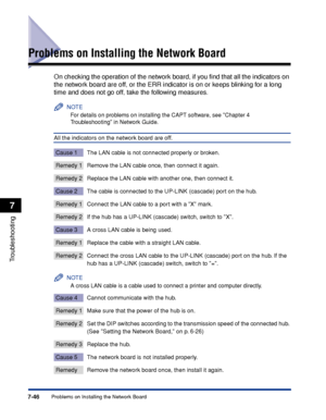 Page 3857-46Problems on Installing the Network Board
Troubleshooting
7
Problems on Installing the Network Board
On checking the operation of the network board, if you ﬁnd that all the indicators on 
the network board are off, or the ERR indicator is on or keeps blinking for a long 
time and does not go off, take the following measures.
NOTE
For details on problems on installing the CAPT software, see Chapter 4  
Troubleshooting in Network Guide.
All the indicators on the network board are off.
Cause 1 The LAN...