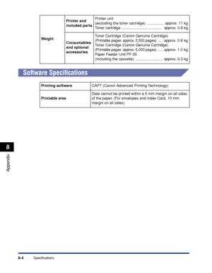 Page 3958-4
Appendix
8
Specifications
Software Speciﬁcations
WeightPrinter and 
included partsPrinter unit 
(excluding the toner cartridge)  ................ approx. 11 kg
Toner cartridge .......................................  approx. 0.8 kg
Consumables 
and optional 
accessoriesToner Cartridge (Canon Genuine Cartridge)(Printable pages: approx. 2,500 pages) ..... approx. 0.8 kg
Toner Cartridge (Canon Genuine Cartridge)
(Printable pages: approx. 6,000 pages) ..... approx. 1.0 kg
Paper Feeder Unit PF-35...