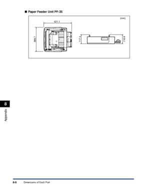 Page 3978-6
Appendix
8
Dimensions of Each Part
Paper Feeder Unit PF-35
117.4
116.6369.7
421.1
(mm)
 