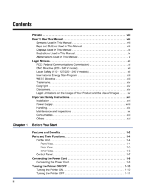 Page 5 
ii 
Contents 
Preface  . . . . . . . . . . . . . . . . . . . . . . . . . . . . . . . . . . . . . . . . . . . . . . . . . . . . . . . .  viii
How To Use This Manual . . . . . . . . . . . . . . . . . . . . . . . . . . . . . . . . . . . . . . . . . .  viii 
Symbols Used in This Manual  . . . . . . . . . . . . . . . . . . . . . . . . . . . . . . . . . . . . . viii
Keys and Buttons Used in This Manual  . . . . . . . . . . . . . . . . . . . . . . . . . . . . . . viii
Displays Used in This Manual  . . . . . ....