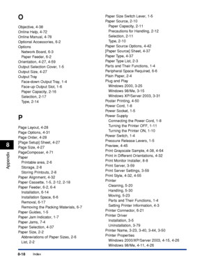 Page 4098-18Index
Appendix
8
O
Objective, 4-38
Online Help, 4-72
Online Manual, 4-78
Optional Accessories, 6-2
Options
Network Board, 6-3
Paper Feeder, 6-2
Orientation, 4-27, 4-59
Output Selection Cover, 1-5
Output Size, 4-27
Output Tray
Face-down Output Tray, 1-4
Face-up Output Slot, 1-6
Paper Capacity, 2-16
Selection, 2-17
Type, 2-14
P
Page Layout, 4-28
Page Options, 4-31
Page Order, 4-28
[Page Setup] Sheet, 4-27
Page Size, 4-27
PageComposer, 4-71
Paper
Printable area, 2-6
Storage, 2-8
Storing Printouts, 2-8...