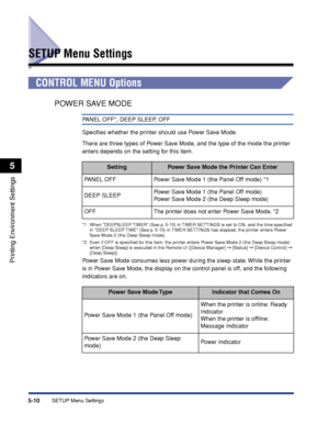 Page 1335-10SETUP Menu Settings
Printing Environment Settings
5
SETUP Menu Settings
CONTROL MENU Options
POWER SAVE MODE
PANEL OFF*, DEEP SLEEP, OFF
Speciﬁes whether the printer should use Power Save Mode.
There are three types of Power Save Mode, and the type of the mode the printer 
enters depends on the setting for this item.
*1 When DEEPSLEEP TIMER (See p. 5-16) in TIMER SETTINGS is set to ON, and the time speciﬁed  in DEEP SLEEP TIME (See p. 5-16) in TIMER SETTINGS has elapsed, the printer enters Power...