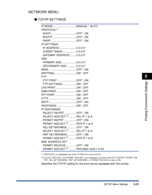 Page 1545-31
Printing Environment Settings
5
SETUP Menu Settings
NETWORK MENU
■TCP/IP SETTINGS
IP MODE............................... MANUAL*, AUTO
PROTOCOL*1
  DHCP.................................. OFF*, ON
  BOOTP ............................... OFF*, ON
  RARP .................................. OFF*, ON
IP SETTINGS
  IP ADDRESS ...................... 0.0.0.0*
  SUBNET MASK .................. 0.0.0.0*
  GATEWAY ADDRESS ........ 0.0.0.0*
DNS
  PRIMARY ADD. .................. 0.0.0.0*
  SECONDARY ADD....