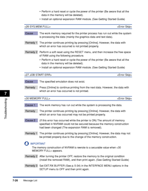 Page 2337-26
Troubleshooting
7
Message List •
P
erform a hard reset or cycle the power of the printer (Be aware that all the 
data in the memory will be deleted).
•Install an optional expansion RAM module. (See Getting Started Guide)
 
Cause The work memory required for the printer process has run out while the system  is processing the data (mainly the graphics data and text data).
Remedy 1 The printer continues printing by pressing [Online]. However, the data with which an error has occurred is not printed...