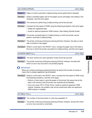 Page 2347-27
Troubleshooting
7
Message List
 
Cause 1 Paper on which automatic 2-sided printing cannot performed is selected.
Remedy Select a standard paper size for the paper source and paper size setting in the 
computer, and then print again.
Cause 2 The memory for performing 2-sided printing cannot be secured.
Remedy Increase the free space of RAM using the following procedure, then print again.
•Delete the registered data.
•Install an optional expansion RAM module. (See Getting Started Guide)
Cause 3 The...