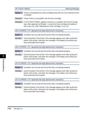 Page 2377-30
Troubleshooting
7
Message List
 (Warning Message)
Cause There is a possibility that a toner cartridge whose life has once reached the end 
is installed.
Remedy 1 Check if there is any problem with the toner cartridge.
Remedy 2 If  appears and there is a problem with the print quality even after applying the Remedy 1, remove the toner cartridge and replace it 
with a new one. (See Replacing the Toner Cartridge, on p. 6-2)
 (nn represents two-digit alphanumeric characters)
Cause A problem has occurred...