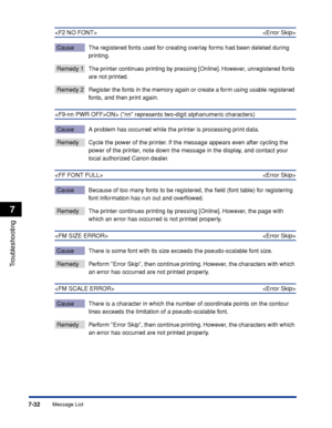 Page 2397-32
Troubleshooting
7
Message List
 
Cause The registered fonts used for creating overlay forms had been deleted during 
printing.
Remedy 1 The printer continues printing by pressing [Online]. However, unregistered fonts are not printed.
Remedy 2 Register the fonts in the memory again or create a form using usable registered fonts, and then print again.
ON> (nn represents two-digit alphanumeric characters)
Cause A problem has occurred while the printer is processing print data.
Remedy Cycle the power of...